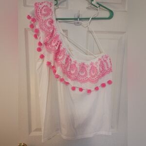 Lilly Pulitzer White and Pink One-Shoulder Top EUC XL
